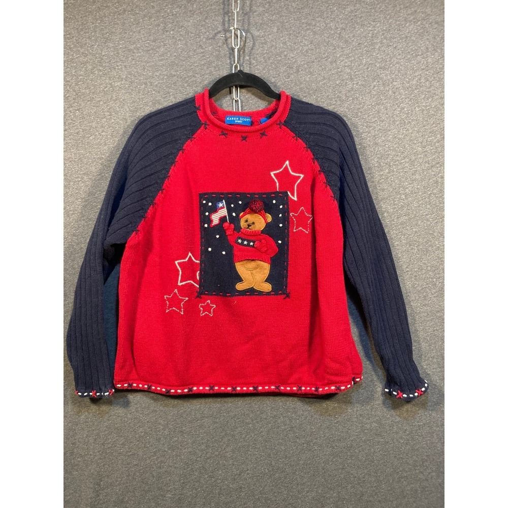 Karen Scott Sport Red Navy‎ Bear Flag Stars Raglan Sleeve Knit Sweater Women L